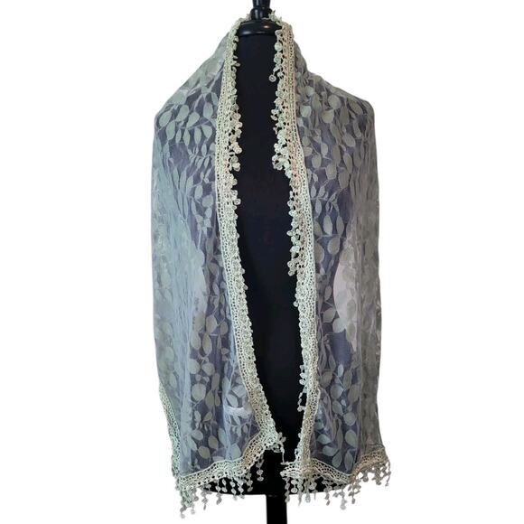 Sheer Green Lace Fringe Shawl Wrap – Festival Boho Fairy Scarf – 70” x 24” - Picture 1 of 5